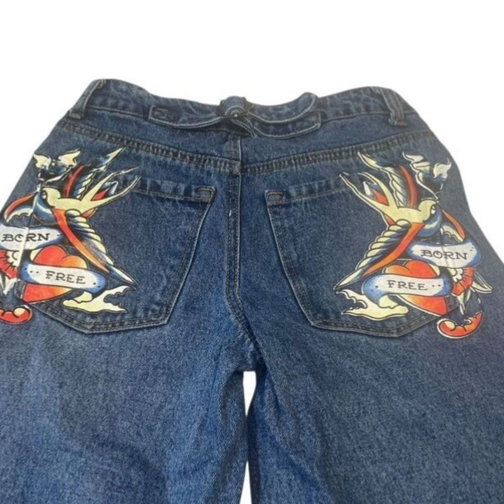 Ed Hardy Wide Leg jeans with unique front & back designs‎ jeans Sz. 24” meas 26”